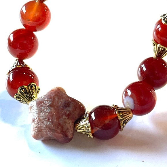 Natural Red Carnelian Bracelet with Coral Jasper Star Crystal Gemstone - Picture 3 of 6